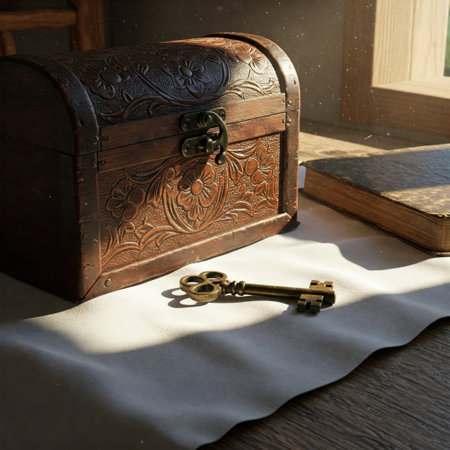 An old chest with a key and an old bookの素材