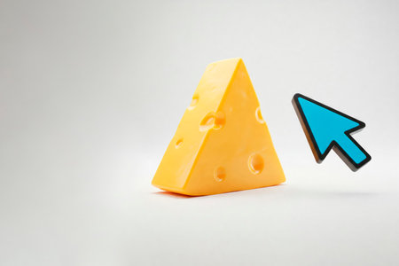 A piece of cheese and a computer arrow. Space for textの素材