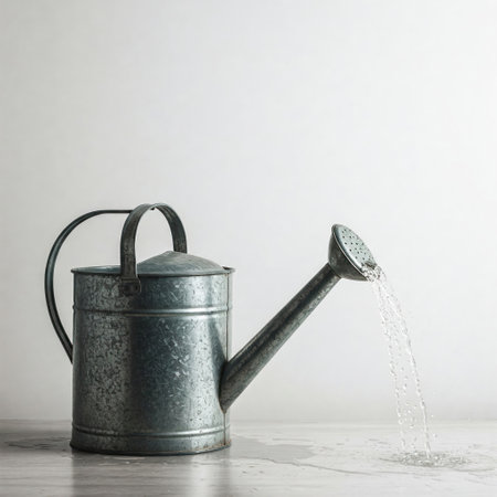 Zinc watering can with flowing water on a light backgroundの素材