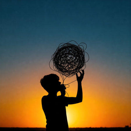 Silhouette of a boy with a tangle of wires against the background of the sunsetの素材