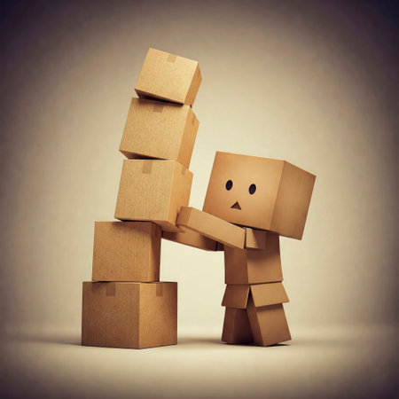 A cardboard man makes a tower out of boxesの素材