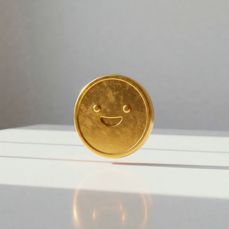 A gold coin with a smiling face on a light backgroundの素材