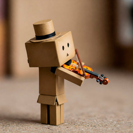 A cardboard man in a top hat plays the violinの素材
