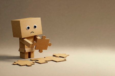 A sad cardboard figure holds a piece of the puzzle. Space for textの素材