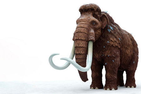 Realistic mammoth with tusks on a white background. Space for textの素材