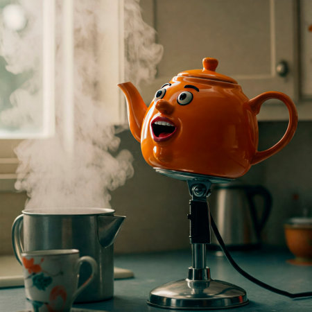 A revived kettle with a face in the kitchen with a pressure cookerの素材