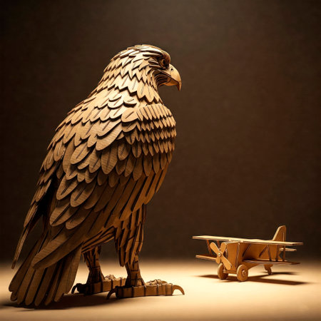 A cardboard eagle and a small paper plane on a light backgroundの素材
