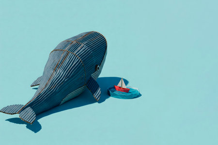 A huge cardboard whale and a small boat on a blue background. Space for textの素材