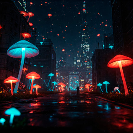 Giant neon mushrooms on the streets of a futuristic cityの素材