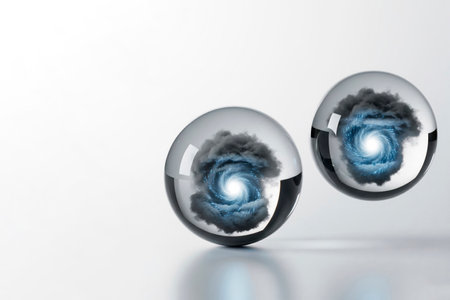Two glass spheres with the image of a cosmic vortex inside. Space for textの素材