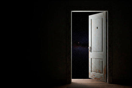 An open door to starry space. Space for textの素材