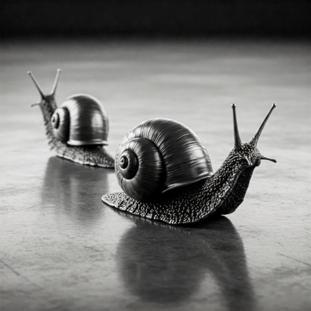 Two metal snails crawl across the reflective floorの素材