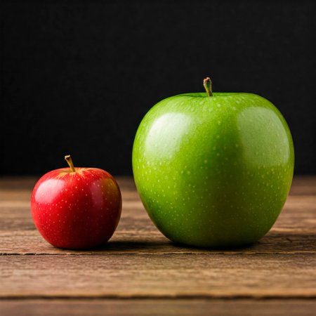 Red and green apple on a wooden surfaceの素材