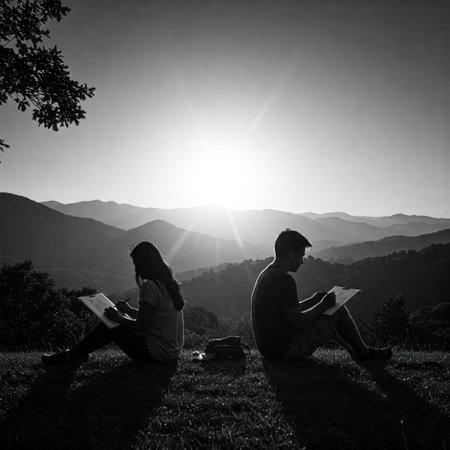 The couple paints in the mountains against the background of a sunset in black and white styleの素材