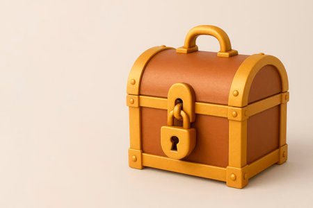 An antique chest with a lock and gold elements. Space for textの素材