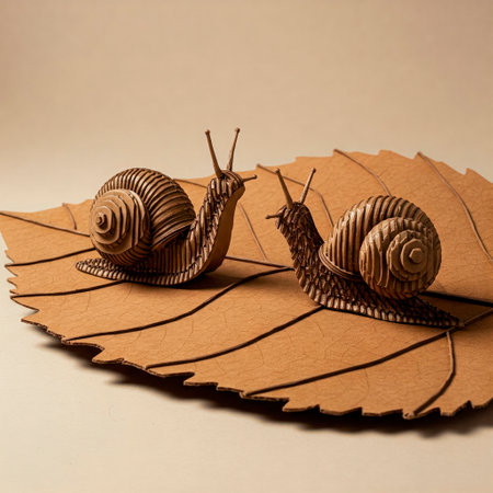 Two cardboard snails crawl on a cardboard sheetの素材