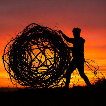 A man pushes a giant ball of branches against the background of the sunsetの素材