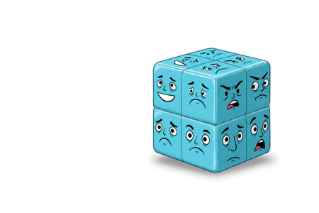 A blue cube with cartoon faces expressing different emotions. Space for textの素材