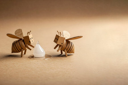 Cardboard bees drink a drop of liquid on a cardboard background. Space for textの素材