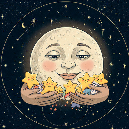 The kind moon carefully holds the smiling starsの素材
