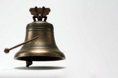 The hammer strikes a large bronze bell. Space for textの素材