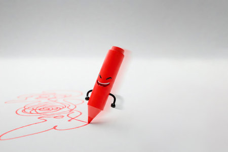 A red crayon with a face draws on blank paper. Space for textの素材