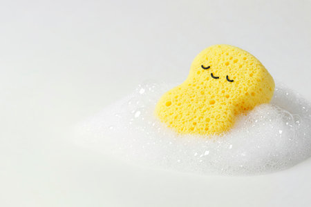 A yellow sponge with a face, lying in foam on a light background. Space for textの素材
