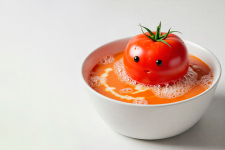 A tomato with eyes splashes in the soup. Space for textの素材
