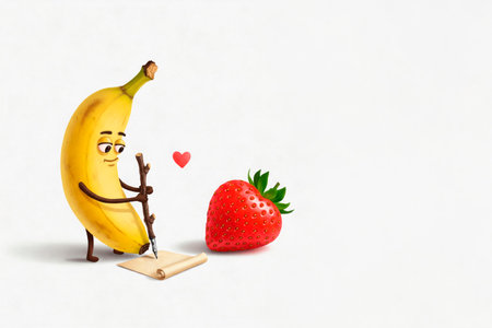 Banana writes a love letter to strawberries. Space for textの素材