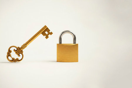 Gold vintage key and lock on a light background. Space for textの素材