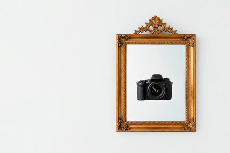 Mirror with camera reflection. Space for textの素材