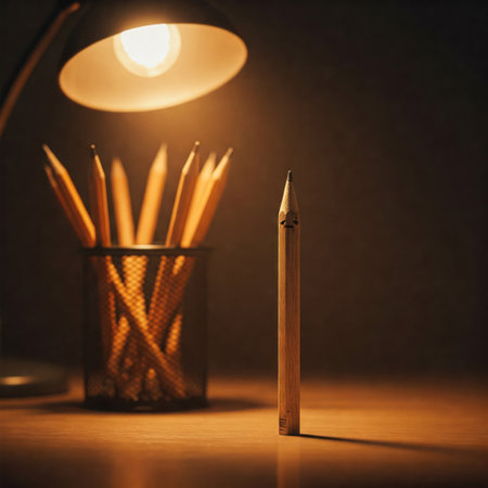 A lonely pencil with a face under a table lampの素材