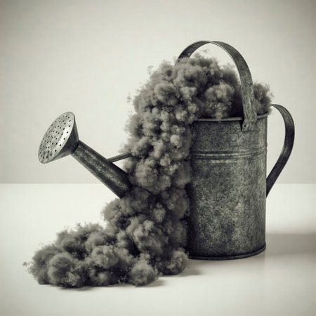 An old metal watering can, from which thick smoke flowsの素材