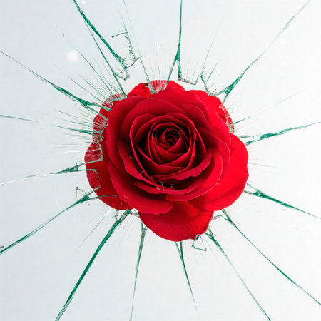 A scarlet rose flower that broke through cracked glassの素材