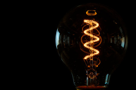 An antique light bulb with a bright spiral. Space for textの素材