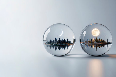 Two glass balls with a cityscape with a full and not full moon. Space for textの素材