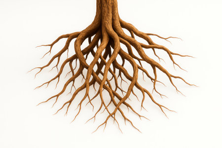 A complex network of tree roots on a light backgroundの素材