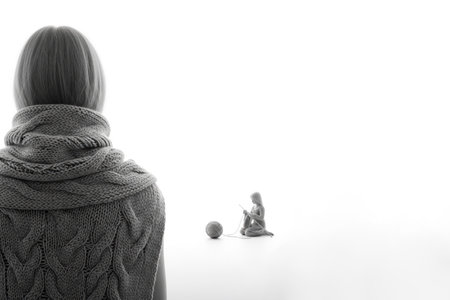 Woman in a knitted sweater looking at a girl made of yarn. Space for textの素材