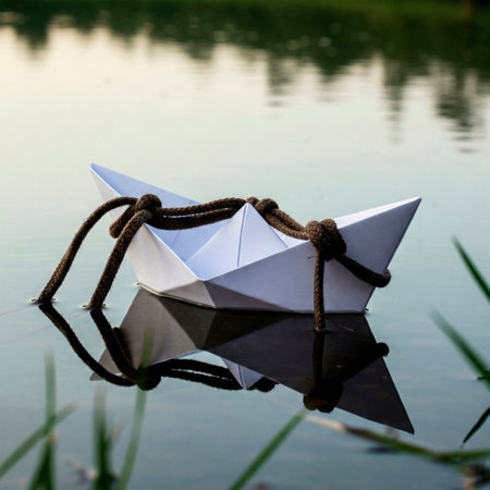 A paper boat on the water, tied with ropesの素材