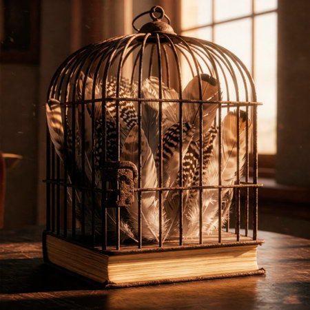 A cage filled with feathers stands on a book in the sunset lightの素材