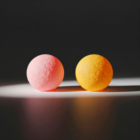 A pink and yellow orb are lit on a dark backgroundの素材