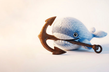 A knitted whale with an anchor in its mouth. Space for textの素材