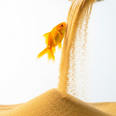 The goldfish swims on the sand as if on waterの素材