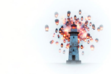 An old lighthouse tower among the lanterns in a foggy flash. Space for textの素材