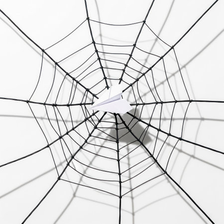 A paper airplane got stuck in a spider's webの素材