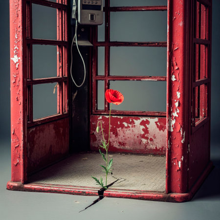 A red poppy grows from a crack in an old phone boothの素材