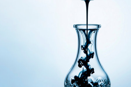 A dark inky liquid falling into a glass vase. Space for textの素材