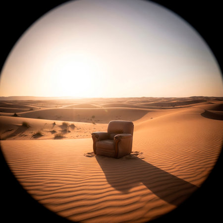 A lonely leather armchair in a sandy desert at sunsetの素材