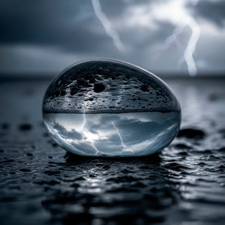 A drop of water in which a storm with lightning is reflectedの素材
