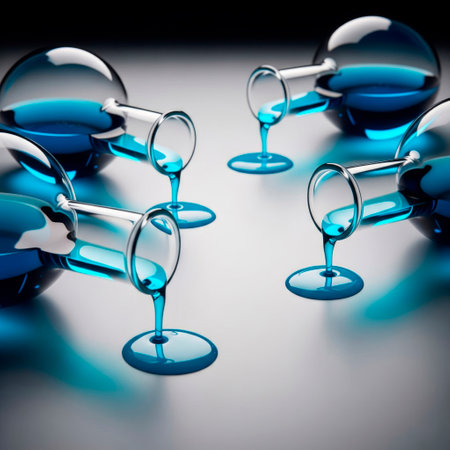 Glass vessels with blue liquid on a clean backgroundの素材